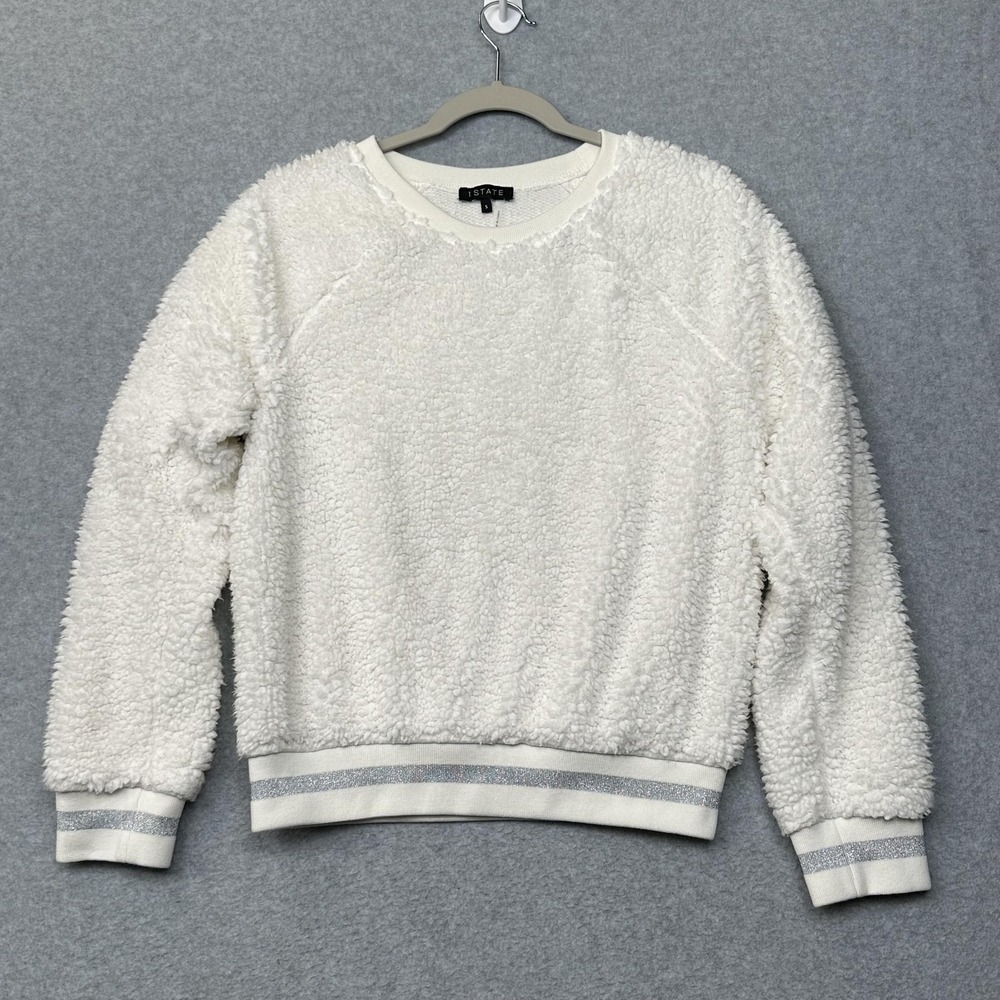 1.STATE Sweatshirt Womens Small White Sherpa Fleece Crewneck Raglan Glitter Trim